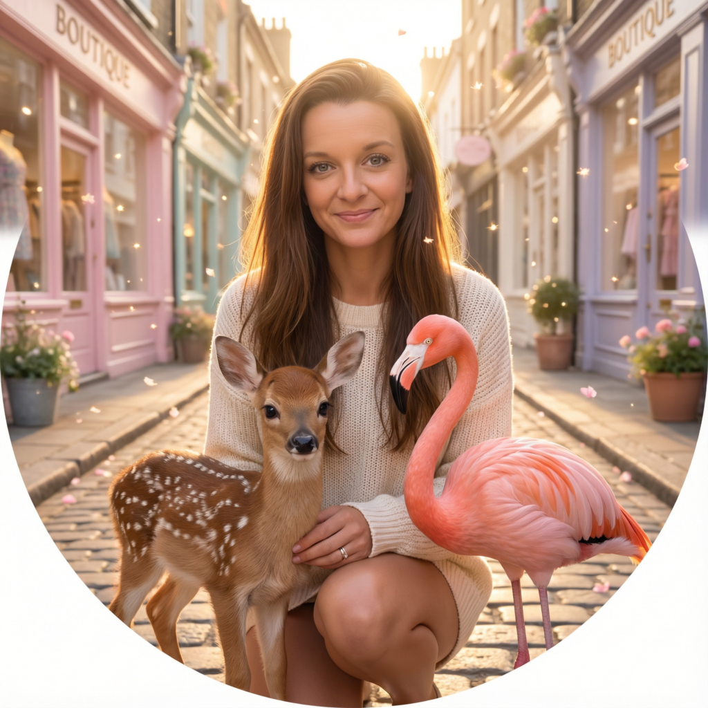 woman fawn and flamingo